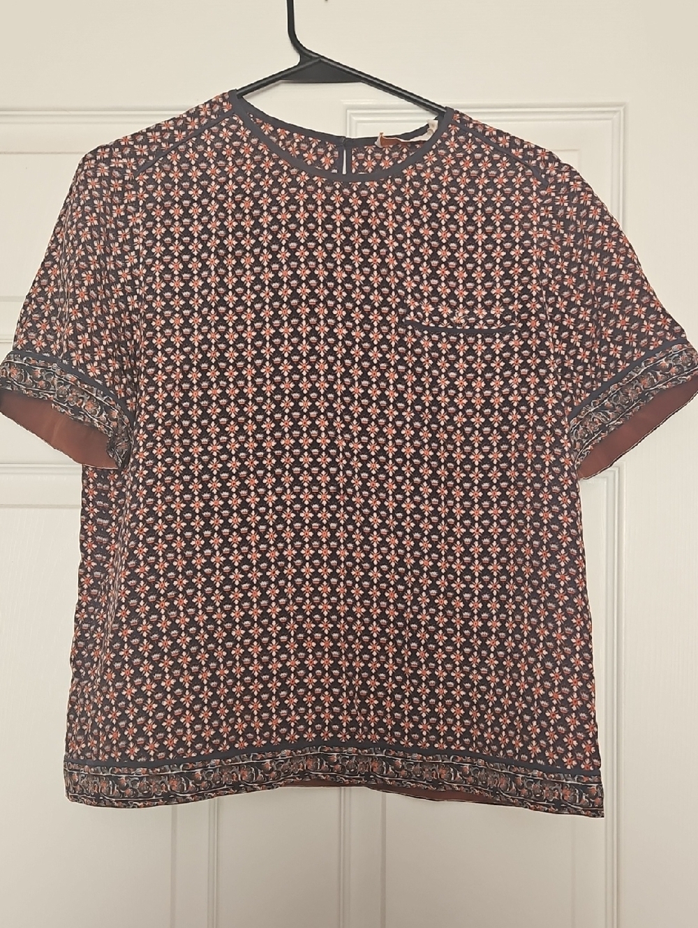 Tory Burch Navy and Rust Geometric Short-Sleeve Button-Down Shirt